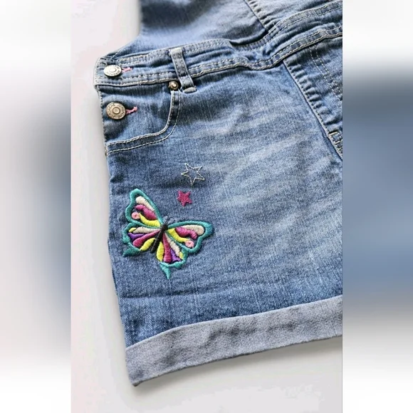 Jordache Girls Denim Overall Shorts XL/XG (14-16) Embroidered Butterfly Star - Picture 3 of 7